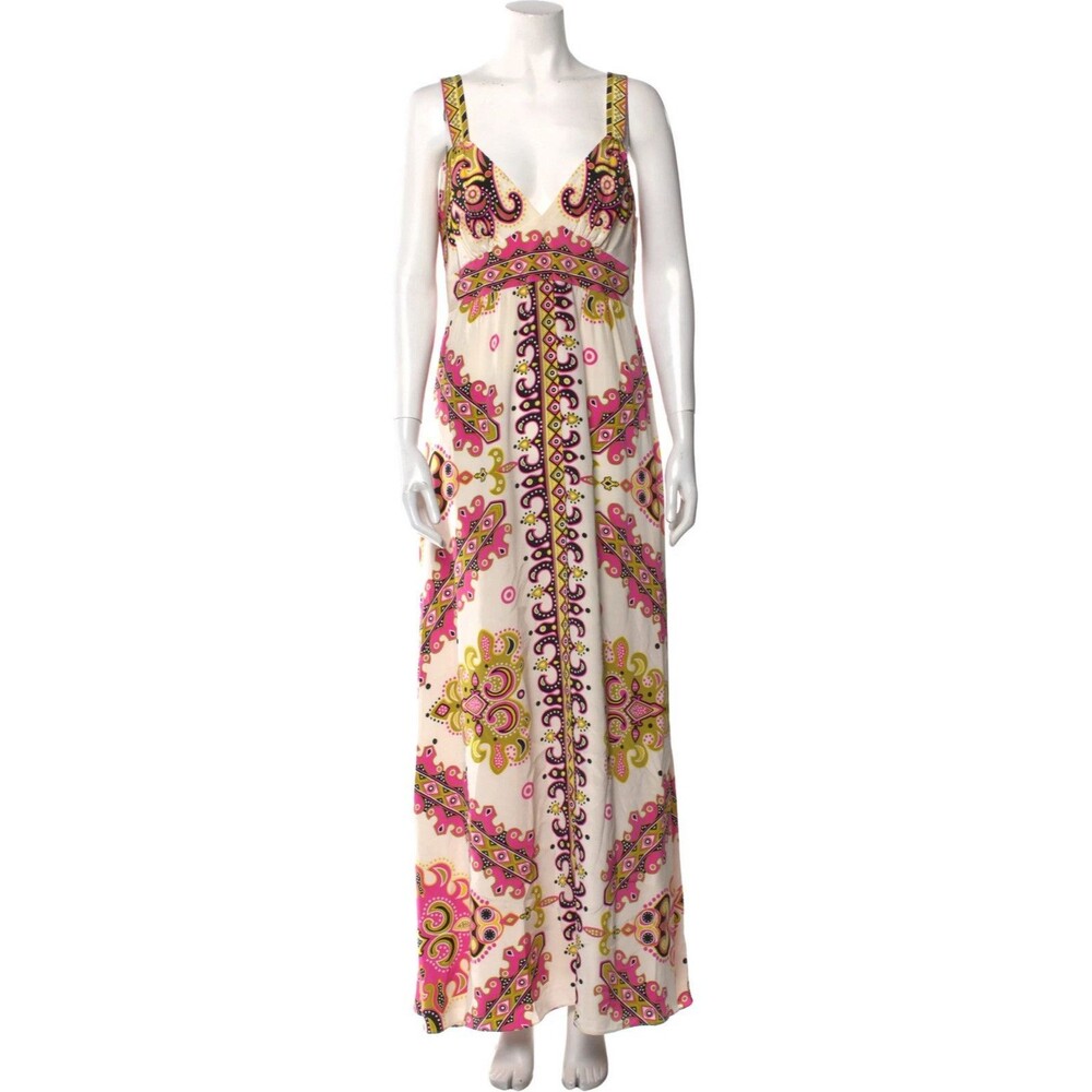 TIBI Valencia Silk Maxi Long Dress Sleeveless White Pink Black Multicolor Size 4